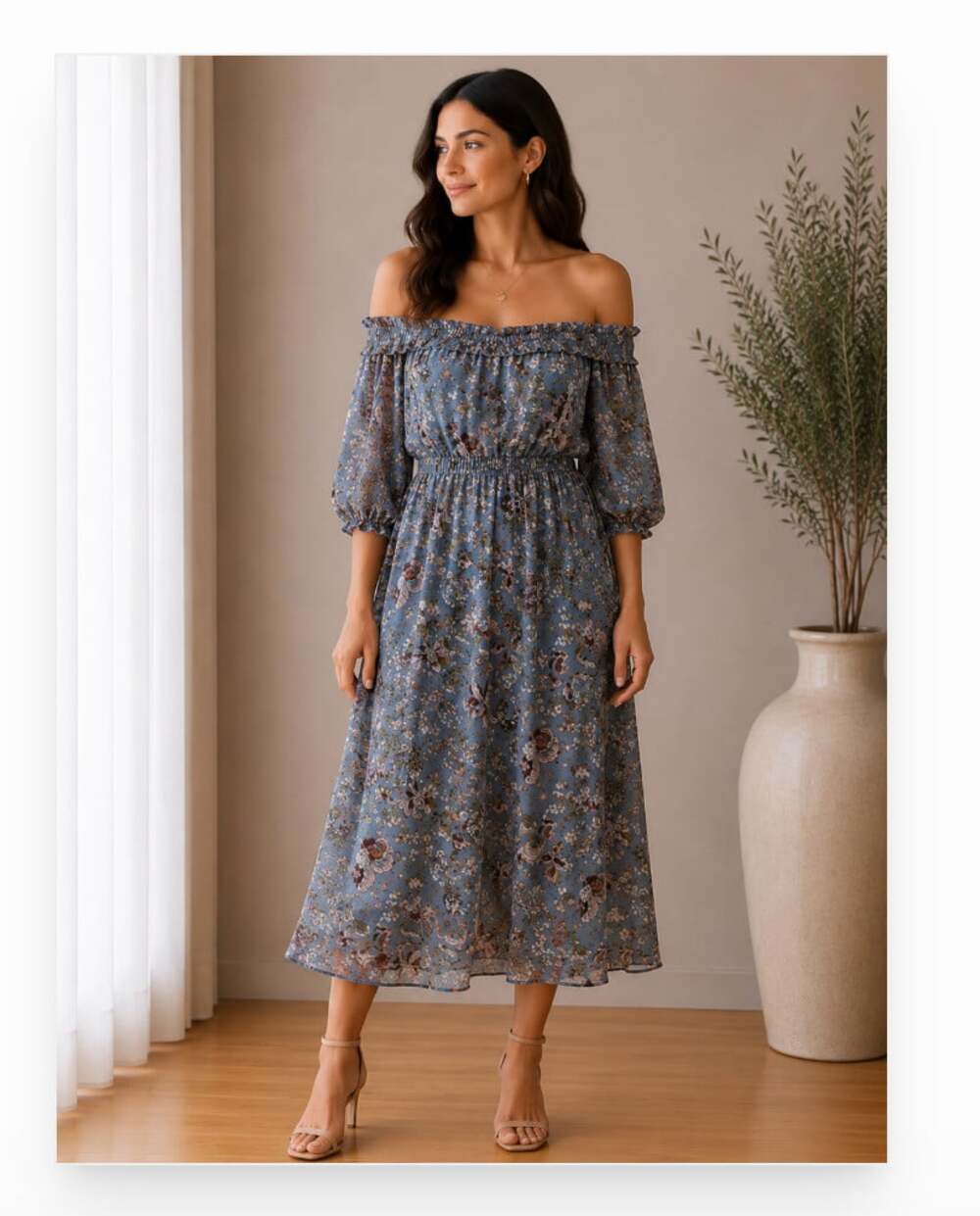 Entro Dress Womens Large Blue Floral Chiffon Maxi 3/4 Puff Sleeve Boho